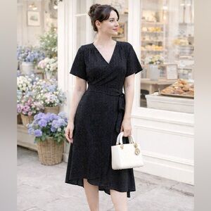 Halogen Black Dotted Crossover Bell Sleeve Wrap Dress, Small